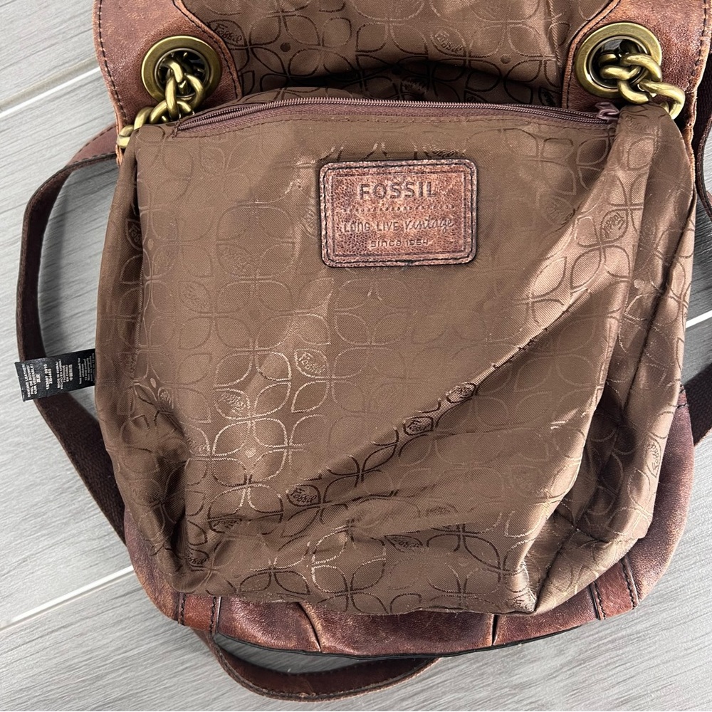 Fossil Brown Leather Chain Crossbody Shoulder Bag Boho - Picture 8 of 10